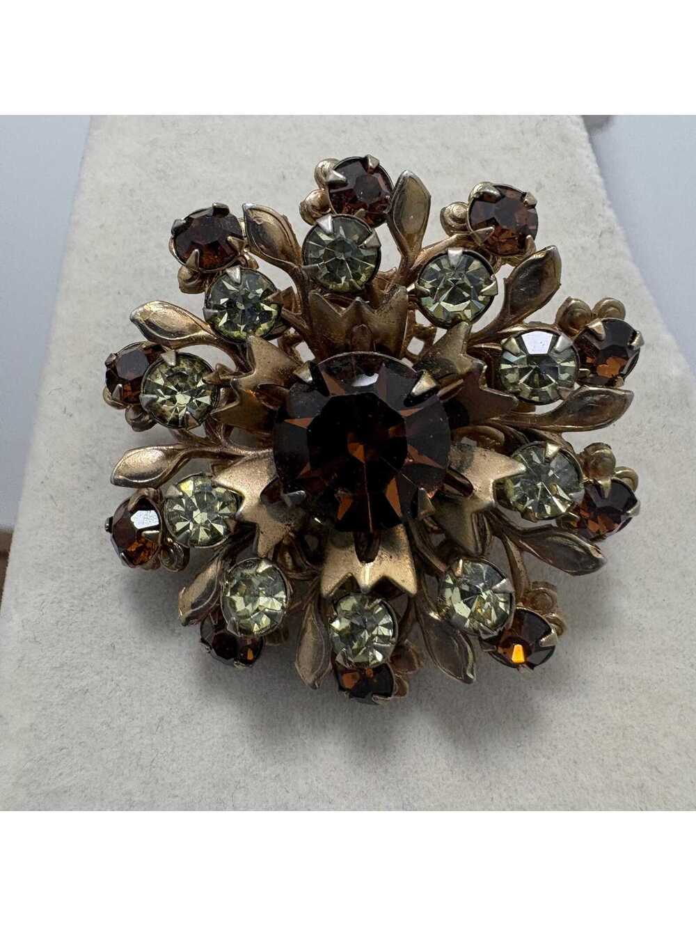 Vintage Gold Tone Prong Set Brown Rhinestones Filigree Back 1.5"